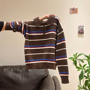 Women's Polo Neck Sweater Coat, Autumn Winter Thick Knitwear, Loose Fit Striped Design, Casual Fashion Outerwear for Women 9141 Tops Womenswear