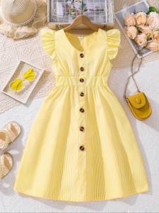 Vestido de rayas con decoración de botones y adorno de olán, vestido casual de manga corta con cuello para verano, ropa para niñas para uso diario