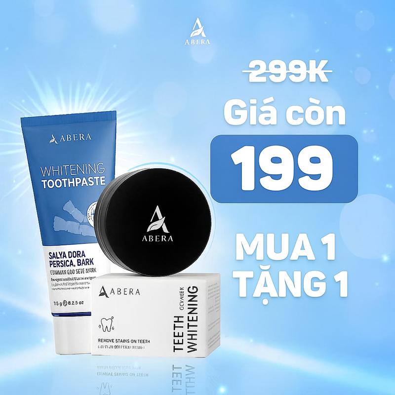 GIẢM SẬP SÀN - (MUA 1 TẶNG 1) Mua 1 Kem Trắng Răng Abera, Tặng 1 Bột Trắng Răng Abera - Hỗ trợ Loại Bỏ Cao Răng Mảng Bám, Làm Trắng Răng 2 Chiều, Cải Thiện Vết Ố Vàng, Mùi Hôi Răng Miệng, Làm Thơm Miệng