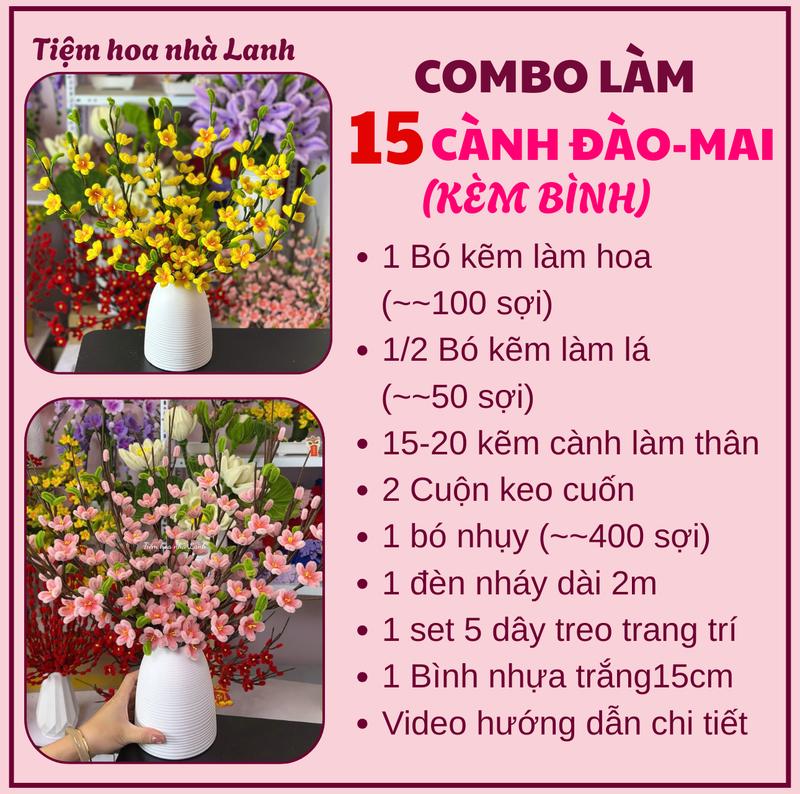 15 cành+Bình 15cm Combo nguyên liệu làm bình hoa ĐÀO - MAI 15 CÀNH bằng kẽm nhung-Có video hướng dẫn