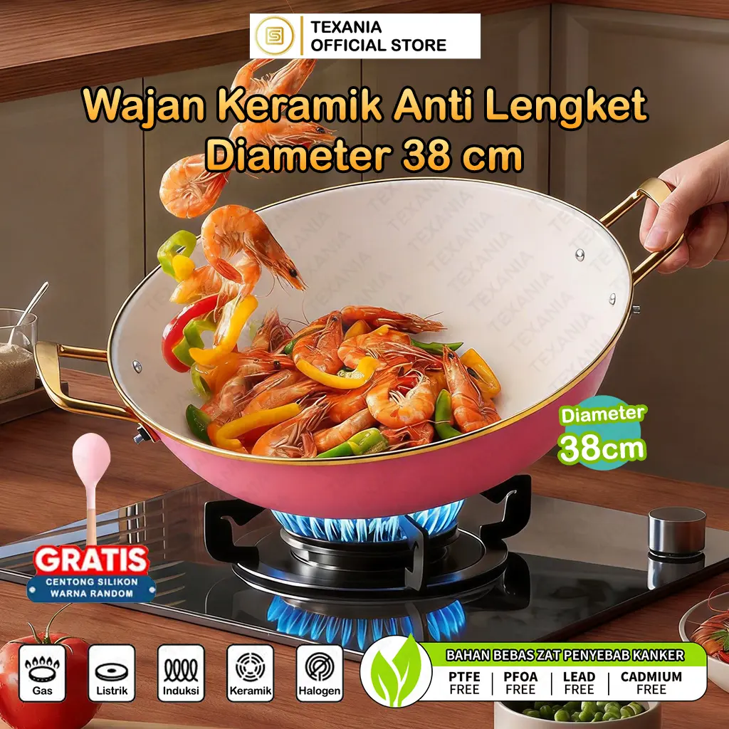 [New Arrival] TEXANIA Wajan Keramik Anti Lengket Gagang Gold 38cm Tutup Kaca Mewah Free Centong Silikon Pink - Kitchenware