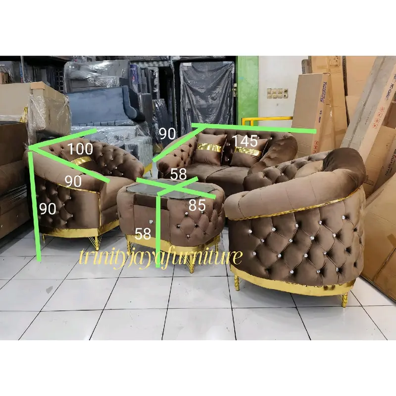 Sofa Tamu 321 Plus Meja Sofa Turki Bahan Bludru/trinityjayafurniture - Kayu Bungkus Kain Bludru Lembut Berkualitas - Bantal, Busa , Minimalis 7