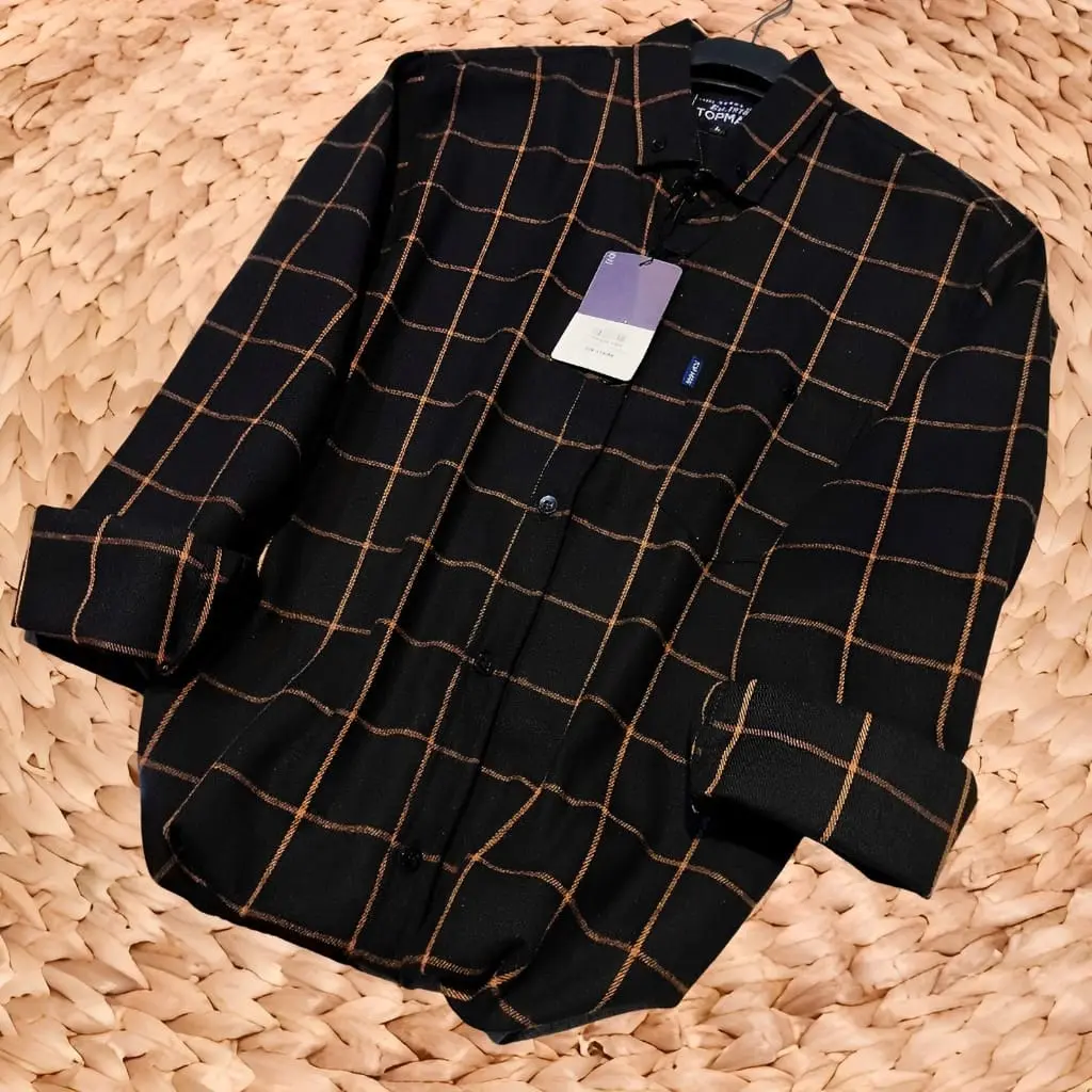 KEMEJA WARNA GELAP GARIS GOLD FLANEL UNISEX PREMIUM QUALITY Kain Lembut Panjang Pria Nyaman Distro Motif Semi Kotak Hitam Tangan