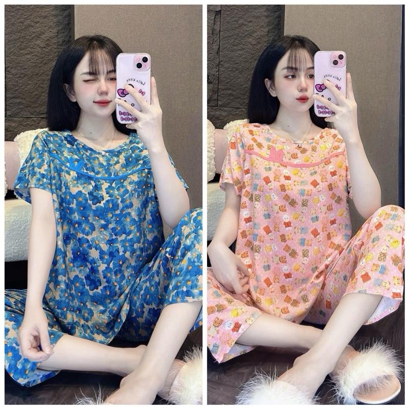 KA555- Đồ Bộ Tole Lanh Nữ Áo Tay Ngắn Cổ Tròn Phối Viền Quần 8 Tấc Size 40-80kg