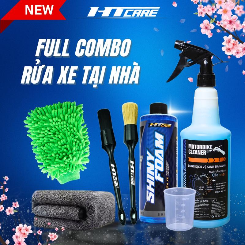 COMBO Rửa Xe Tại Nhà với SHINYFOAM tẩy rửa ĐA NĂNG Motorbike Cleaner & Phụ kiện vệ sinh chi tiết xe máy HTCARE