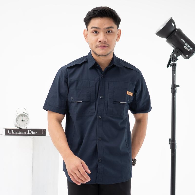 samone- kemeja stripe lengan pendek kemeja kerja dan santai pria lengan pendek bahan canvas ukuran normal dan jumbo casual - kemeja kerja 2
