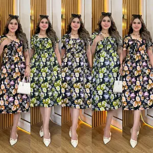 daster bunga bawah lutut bahan rayon lembut Dress