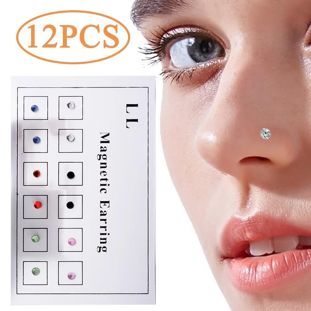 Anting-anting magnet palsu Tidak bertindik untuk wanita dan lelaki, 12 keping, Kancing hidung tidak berlubang, cincin bibir keluli tahan karat, Klip magnet, Cincin hidung tidak bertindik