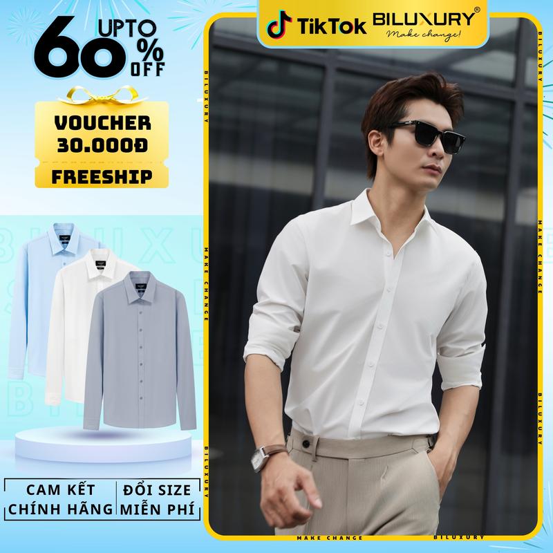 [SALE TRONG THÁNG] Áo Sơ Mi Trắng Dài Tay Lẻ 1 Chiếc 9SMDB547 Không Túi Bền Màu Chống Nhăn, Chống Bám Bẩn - BILUXURY Menswear Shirt Nam Có Cổ Trắng Cổ Tròn