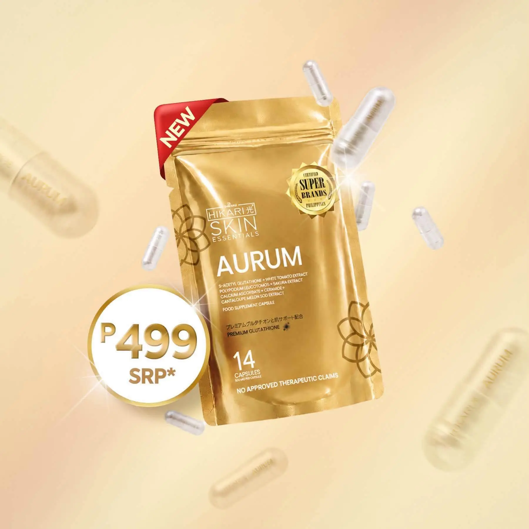 Hikari Aurum S-Acetyl Glutathione Capsule 30 Capsule per Bottle Whitening Glowing Skin with oral sunblock Vitamin C and Zinc Adult Supplement Beauty Healthcare premium Edible