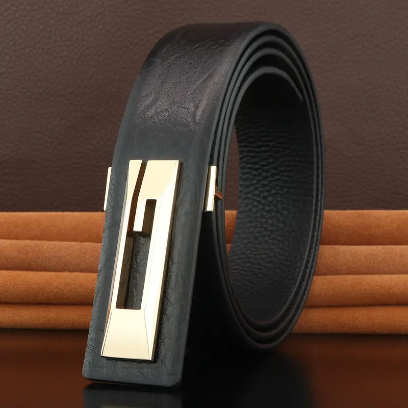 Thắt Lưng Chữ G, Da Thật, Dành Cho Nam, Dây Đeo Thắt Lưng, Màu Đen, Khóa Trượt Thời Trang, Rộng 3,3cm, Chất Lượng Cao 3