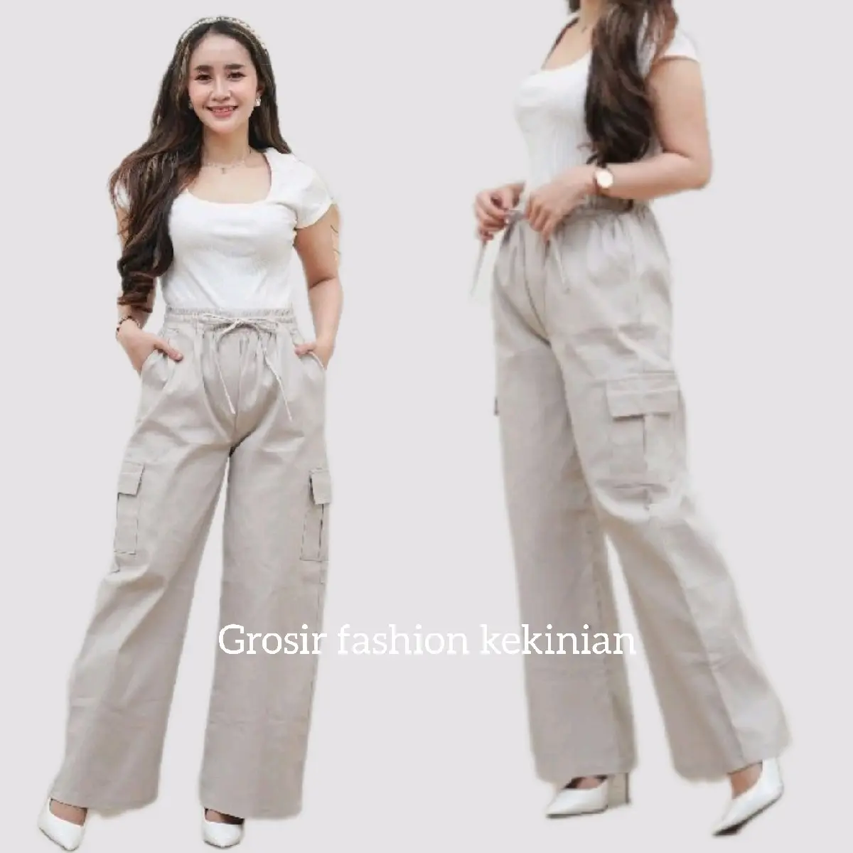 Celana Cargo Wanita Panjang Kulot Karet Bahan Katun Twill Premium Combed Tebal Nyaman Standar Jumbo Kain Melar Basic Stretch Dewasa