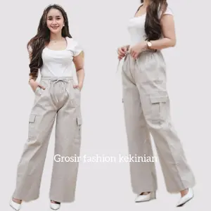 Celana Cargo Wanita Panjang Kulot Karet Bahan Katun Twill Premium Combed Tebal Nyaman Standar Jumbo Kain Melar Basic Stretch Dewasa Pant Navy Celana Cargo Baggypantsmurah
