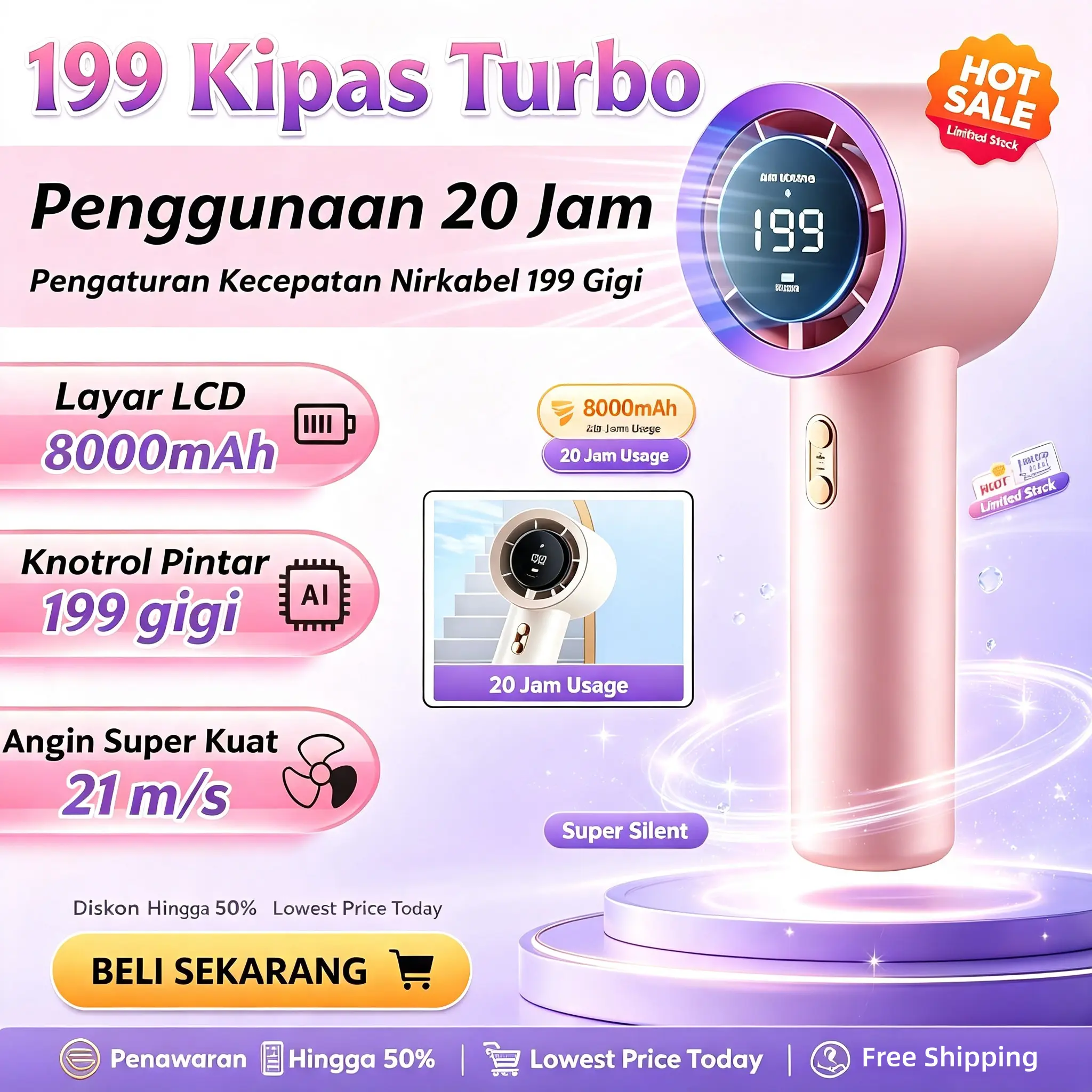 COD kipas genggam mini ultra cepat berkualitas tinggi dengan angin kencang kipas turbin yang dapat disesuaikan dengan tampilan digital 200 kecepatan cocok untuk olahraga luar ruangan untuk mendinginkan dengan cepat