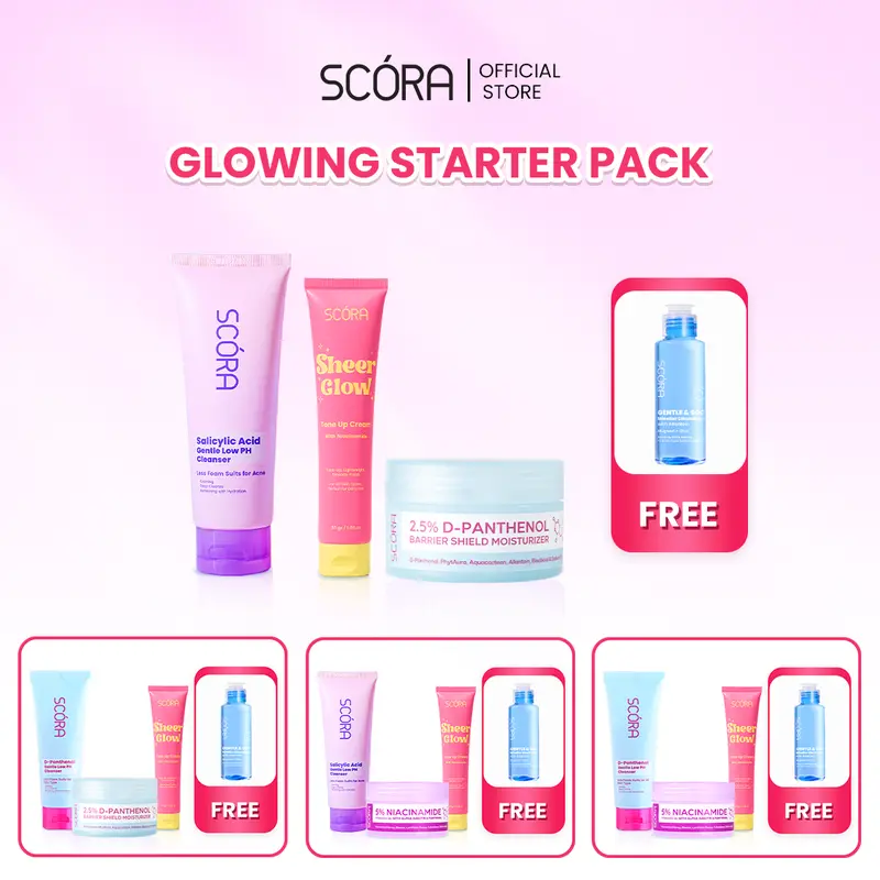 [Hero] PAKET GLOW ANYTIME-SCORA 5% Niacinamide Hydramoist Gel with Alpha Arbutin & Panthenol 45ML + SCORA Sheer Glow Tone Up Cream 30 Gr + SCORA Gentle & Soothe Micellar Cleansing Water 100 ml + SCORA Gentle Low pH Cleanser 0