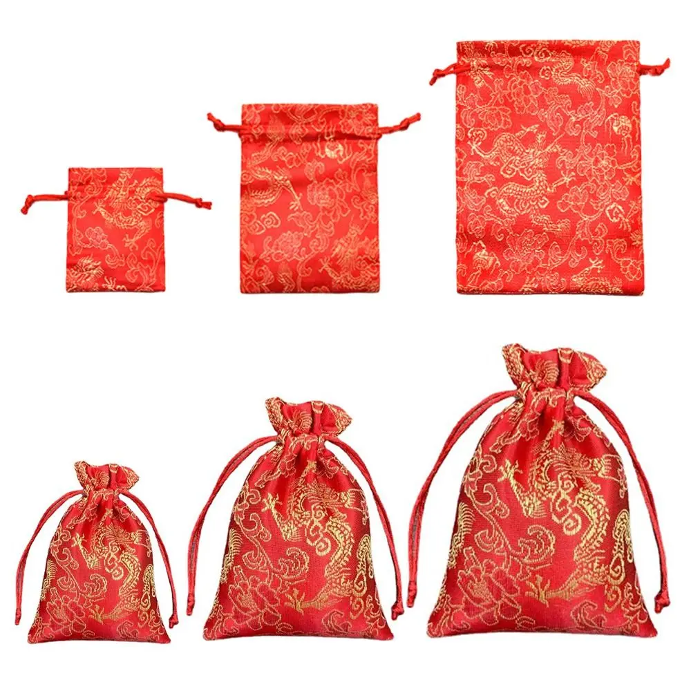Retro Dragon Embroidery Flower Drawstring Bag Storage Bag Chinese Style Small Coin Purse Wallet Candy Bag Bucket Bag Festive Sugar Bag Festival