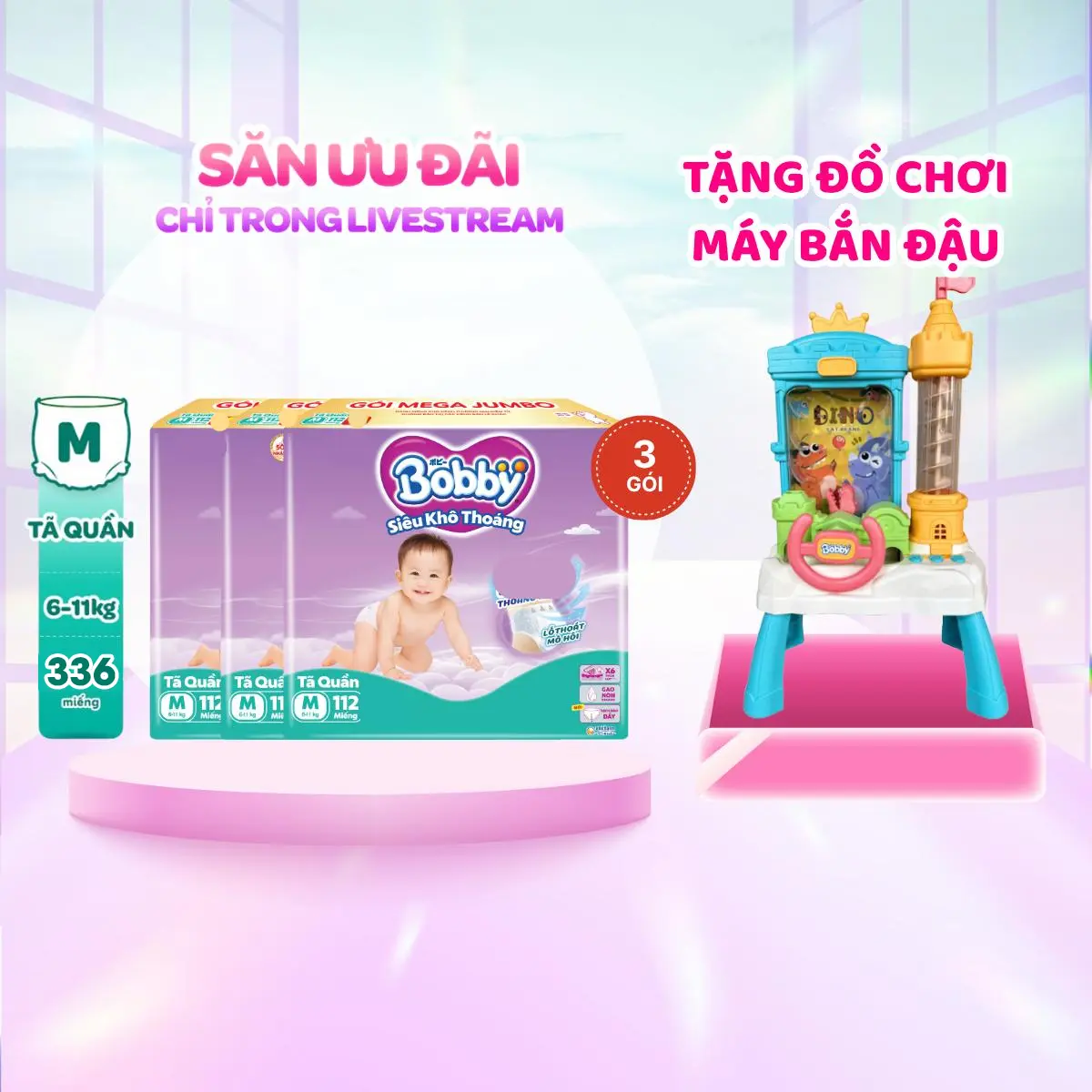 [COMBO 3-TẶNG MÁY BẮN ĐẬU, MÀU NGẪU NHIÊN] Bobby Tã/bỉm quần M112/L96/XL84/XXL76 Siêu khô thoáng