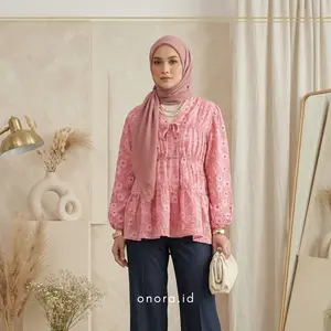 Mireya Blouse Wanita Rayon Moitf Bunga Atasan Baju Kerut Lengan Panjang