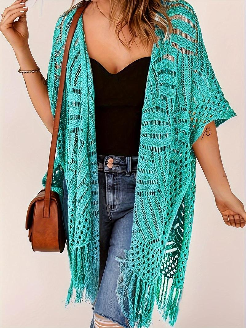 Product Introduction of 【Plus Size】 Women's Solid Fringe Trim Open Front Cardigan, Casual Half Sleeve Knitwear for Daily Wear, Ladies Clothes for All Seasons, Tops 6