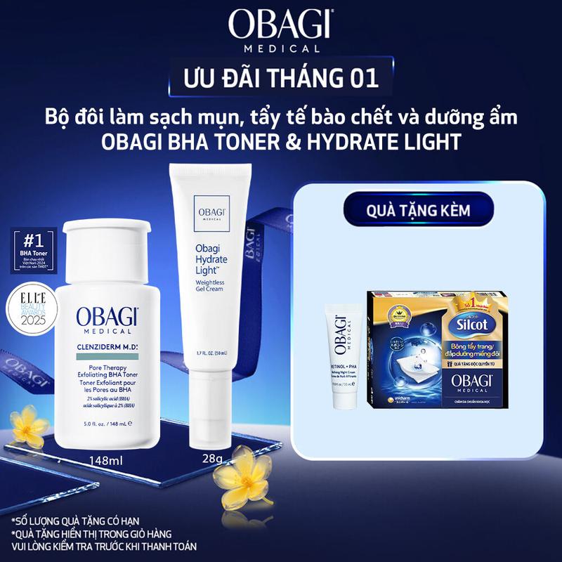 Bộ đôi dưỡng da Obagi Toner loại bỏ tế bào chết chứa 2% BHA Clenziderm Pore Therapy 148ml & Kem dưỡng ẩm Obagi Hydrate Gel Cream 48g