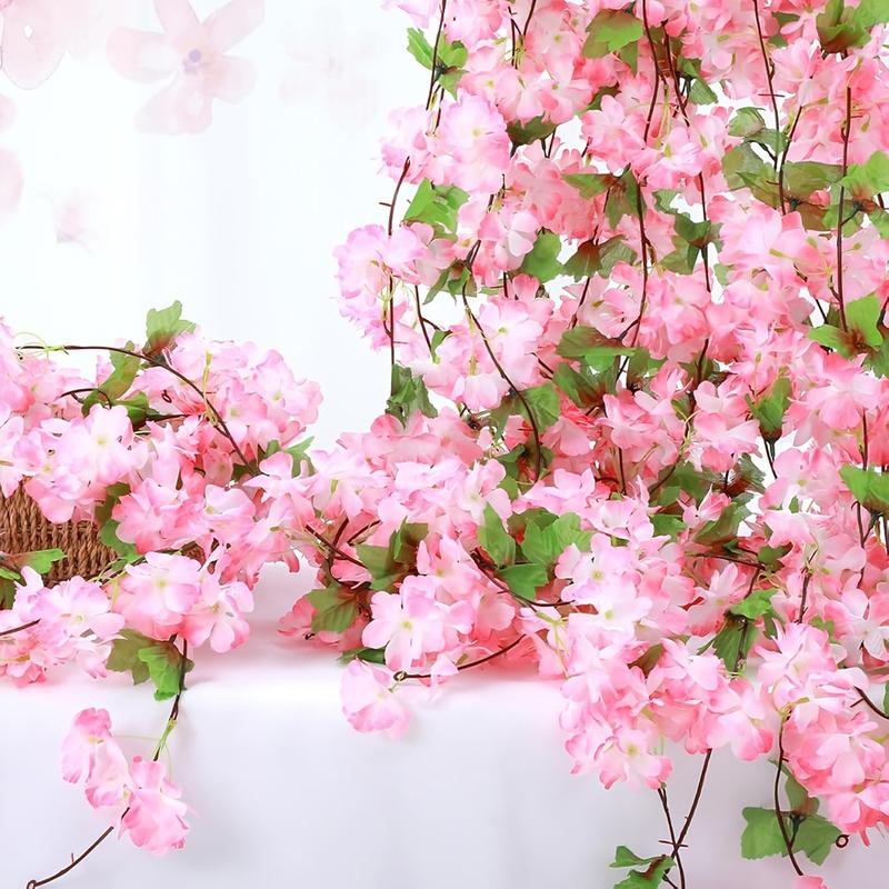 Dây ruy băng hoa anh đào giả Full Bloom, dải hoa anh đào nhân tạo với lá xanh…