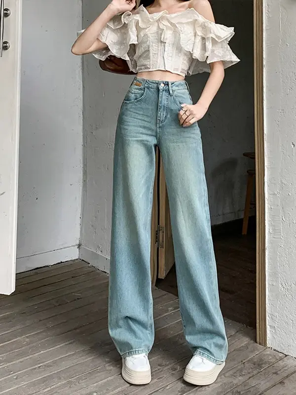 HAZO JEANS-Cargo Jeans Khaki baru versi Highwaist Loose Celana Jeans Wanita Korea Muda Panjang Retro Straight 3