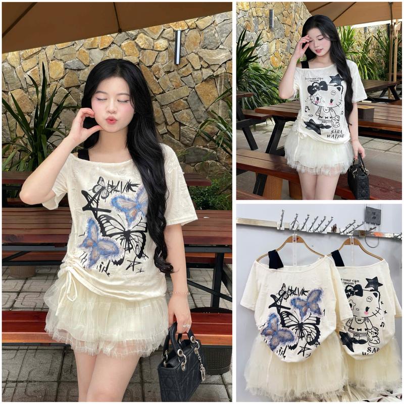 [ Xả Kho ] Sét Áo Phông Xước Mix Dây Vai Hoạ Tiết In Dây Rút Sườn Kèm Chân Váy Lưới Bèo Trẻ Trung