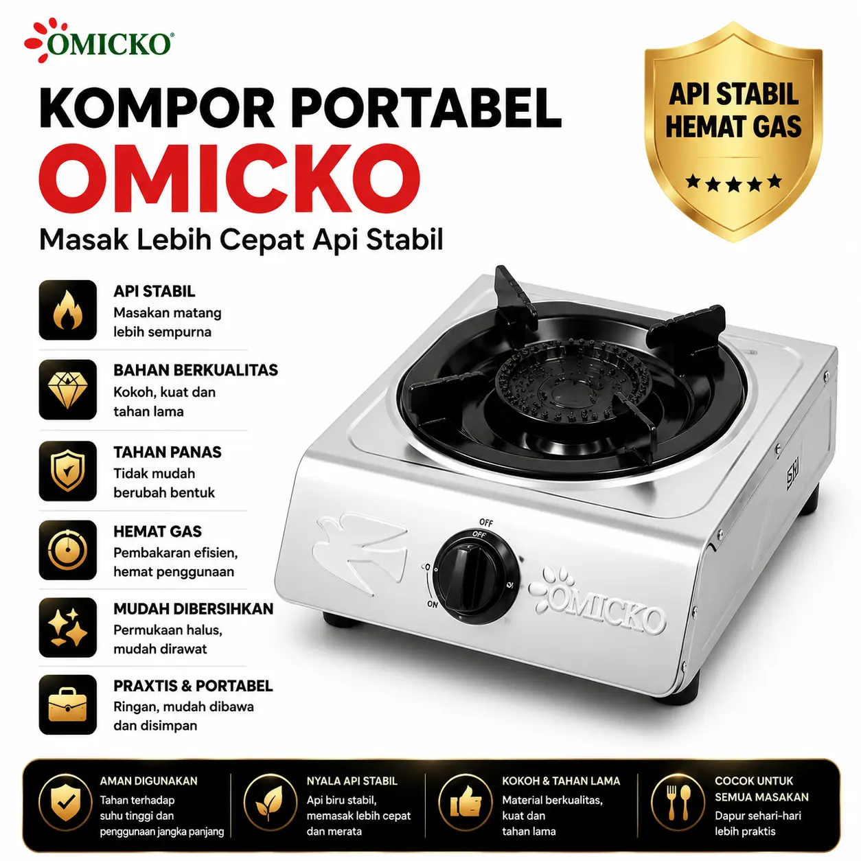 Kompor Gas 1 Tungku OMICKO Bodi Stainless Steel Anti Karat Tahan Lama, Api Biru Efisien Hemat Konsumsi Gas, Pemantik Api Otomatis Aman, Cocok Dipakai Dapur Rumah, Rumah Kos & Warung Makan | BISA COD