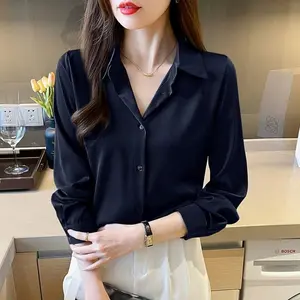 Kemeja Basic Formal Wanita Korean Style - Atasan Kerja Hitam Putih Casual Bahan Shakila Twill Nyaman