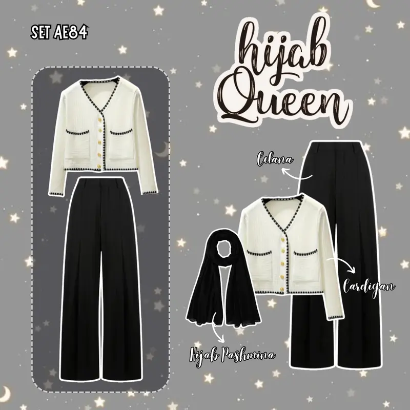 3 IN 1 One Set Hijab Korean Style Outfit Kekinian Simple Look Cardigan Celana - SET AE84 Wanita Setelan Atasan Panjang Baju 0