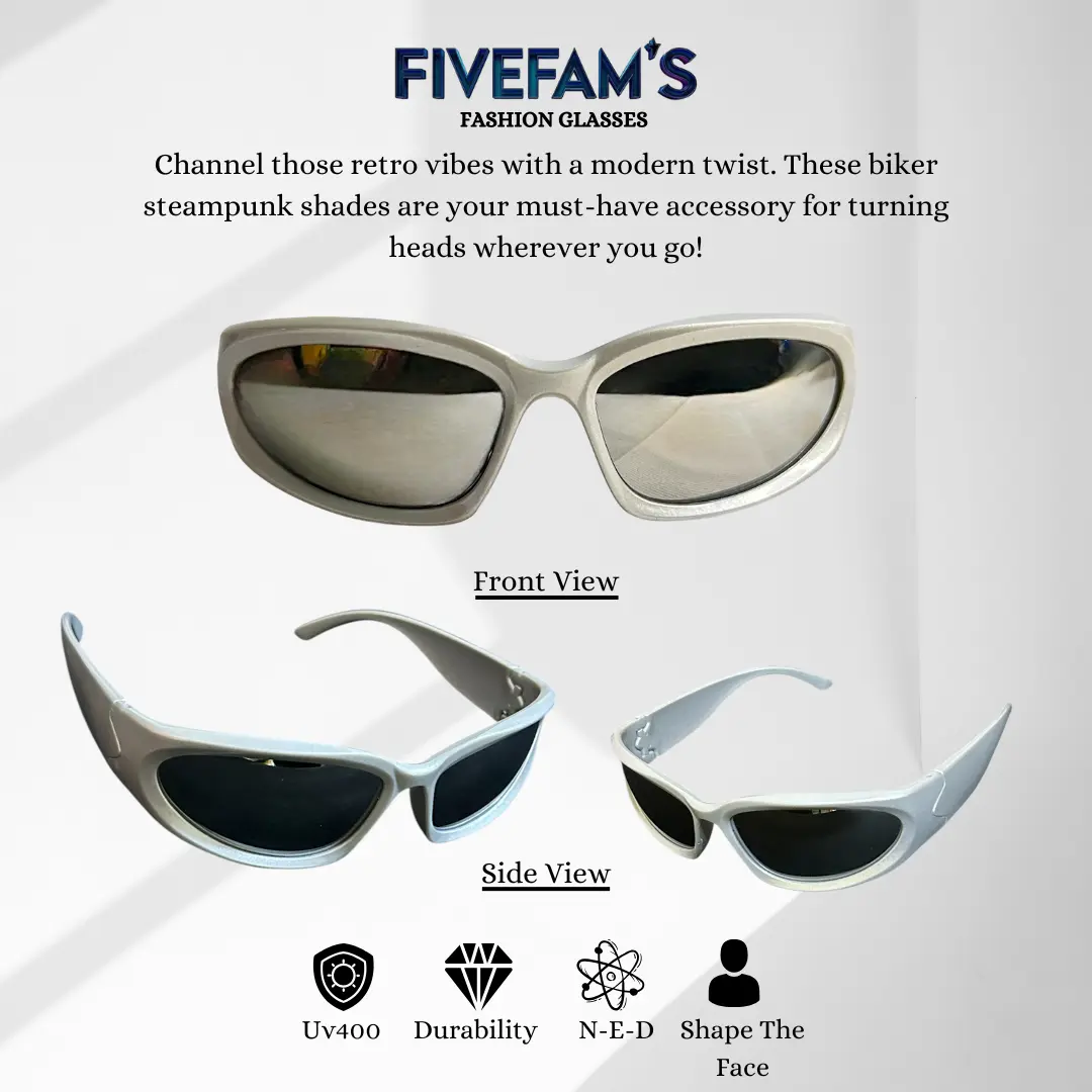 FIVEFAM'S - Kacamata Hitam Biker Steampunk Silver Frame Sunglasses Lensa UV400  - Eyewear Biker Retro Vintage Unisex