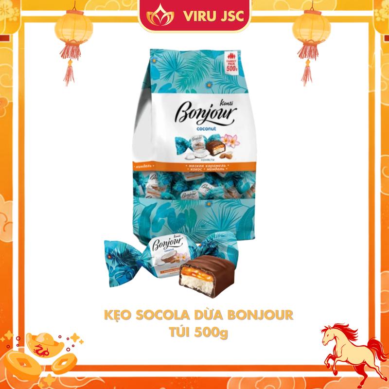 Nhập khẩu Nga - Kẹo Socola Nhân Kem Dừa Bonjour - Túi 500g Ăn Vặt Snack Food Sô Cô La