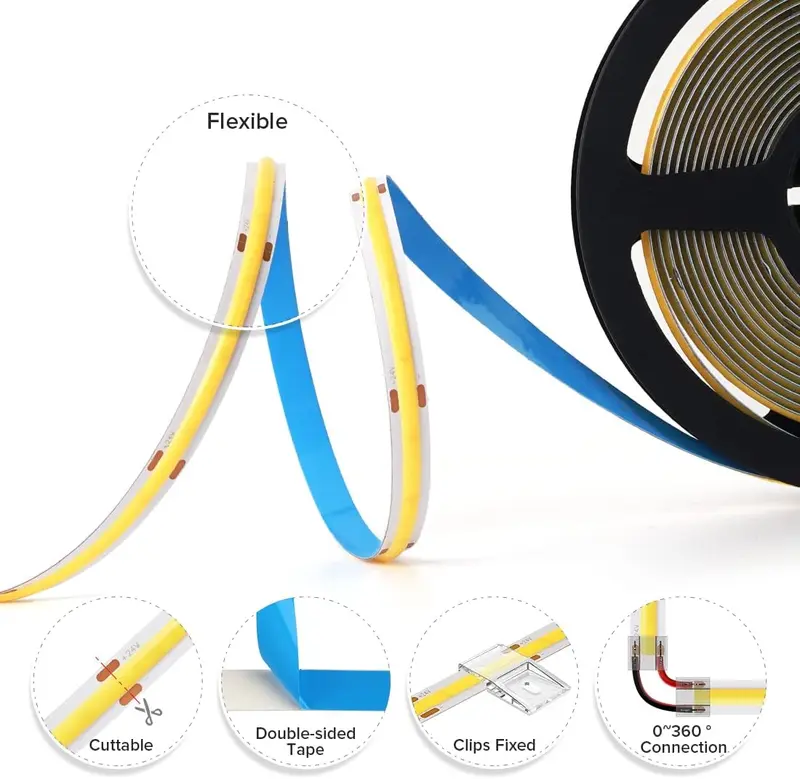 Dải đèn LED COB linh hoạt, DC12V hoặc 24V, màu đỏ, xanh sao, xanh lá cây, hồng, vàng, xanh băng, trắng ấm, tím, mật độ cao, đèn đồng nhất, dải đèn LED, mặt sau với băng dính, ruy băng LED, để trang trí, nhà, ô tô, xe tải, xe máy 3