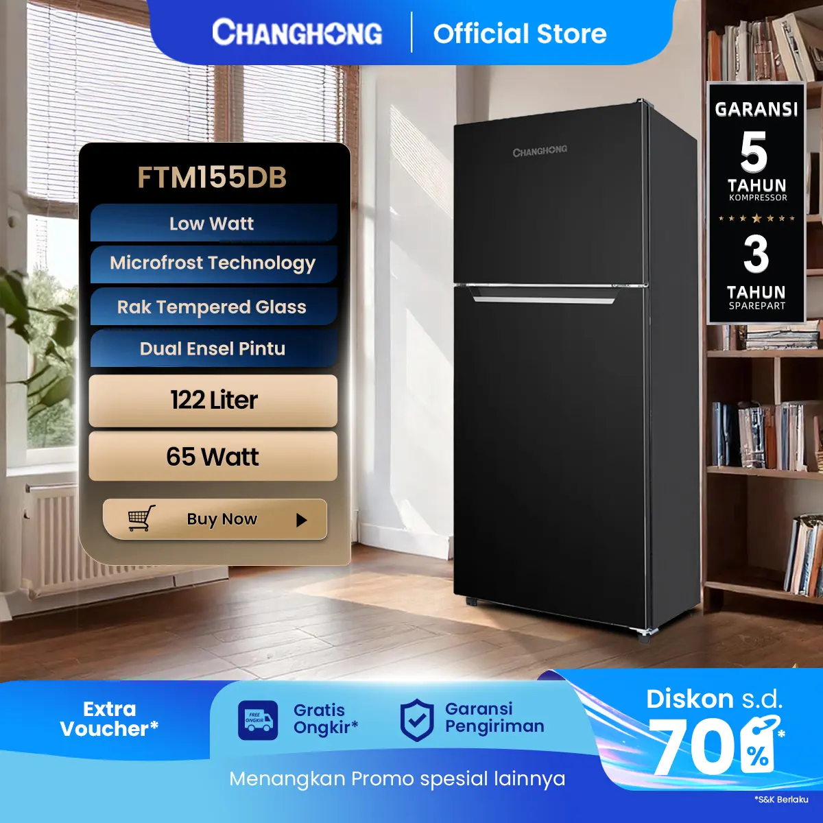 Changhong  Kulkas Lemari Es 2 Pintu Refrigerator Kapasitas 122 Liter Pendingin Minuman - FTM155DB Black gap 45