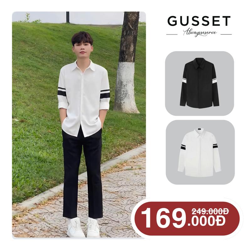 Áo Sơ Mi Nam GUSSET Phối 2 Tay Màu Trắng & Đen Chất Vải Chéo Hàn SMP11 Menswear Shirt Thiết Kế Sang Trọng Thoải Mái Cho Bốn Mùa