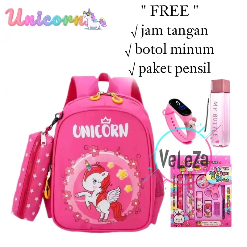 Tas ransel anak perempuan motif unicorn gratis botol minum jam tangan paket pensil tas sekolah anak SD tas ransel 1