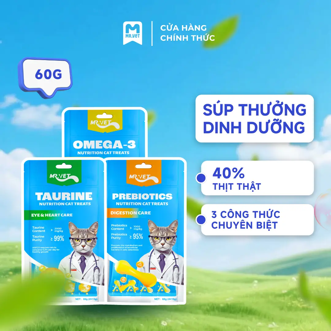 Súp thưởng ăn liền cho mèo MRVET Gói 60G bổ sung Omega 3, prebiotics, taurine hỗ trợ tiêu hóa và sức khỏe tim mạch