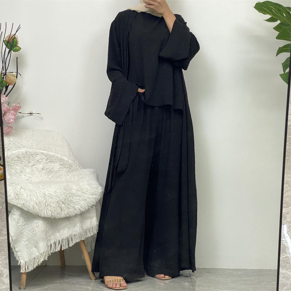 1958#3 PCS women cardigan set muslim open abaya sleeveless top and elastic waist loose pant with pockets sets - CHAOMENG MUSLIM SHOP