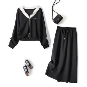 Set Dua Keping, Pakaian Musim Luruh, Jaket Sweater Bertudung, Skirt, Tampalan Renda Hitam, Saiz Besar Sedikit Gemuk, 64171