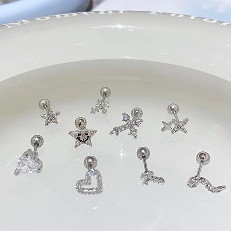 Bông Tai Thép Titan G23, Đầy Kim Cương, Thiết Kế Hình Chữ Thập, Trái Tim Và Ngôi Sao, Bông Tai Đinh tán, Bông Tai Tragus, Phong Cách Ngầu, Đồ Trang Sức