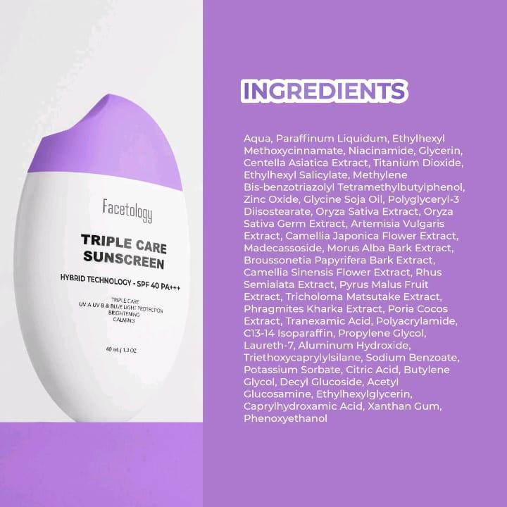 FACETOLOGY TRIPLE CARE SUNSCREEN HYBRID TECHNOLOGY SPF 40 PA+++ Acid Mencerahkan 4