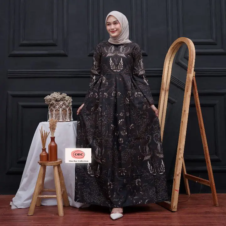 Gamis Lebaran Busui Bahan Katun Dress Murah All Size Batik Kondangan Poliester Hitam Navy Cantik Dewasa Kerah Putih Panjang Nyaman Muslim Bunga 2