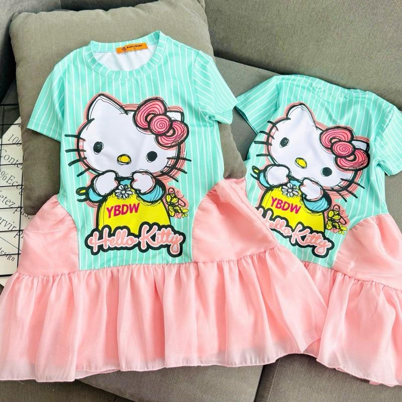 10-53kg Đầm tay phông dáng xoè cho mẹ và bé hoạt hình cho bé gái mặc đi chơi du lịch lễ tết mặc đi học đi chơi cho bé chất thun lạnh in 3D chất mát mặc nhà mặc đi chơi mặc xinh Cotton Nón đồ tết quần áo