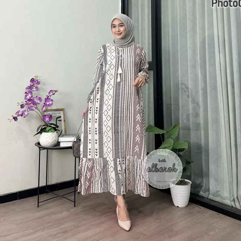 Dress Qonita panjang Ld 120 busui bahan rayon premium midi dress pb 130 motif salur etnik ada saku gamis katun rayon 2