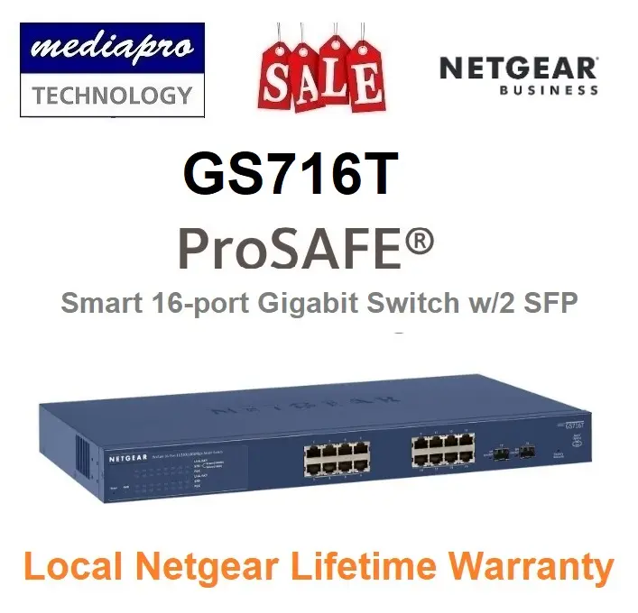 NETGEAR GS716T Smart 16-port Gigabit ProSAFE Switch with 2x SFP Ports - GS716T - Local Netgear Lifetime Warranty