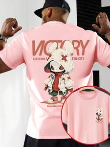 メンズ 夏用カジュアル カートゥーンうさぎプリントTシャツ、ラウンドネック半袖トップス、快適な両面プリント、アウトドア活動に最適