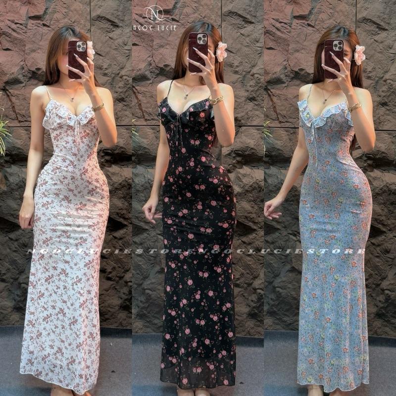  D1047 - Đầm Body Đuôi Cá Vải Lưới Hoạ Tiết Phối Viền Bèo Đính Dây Nơ - Ngọc Lucie 