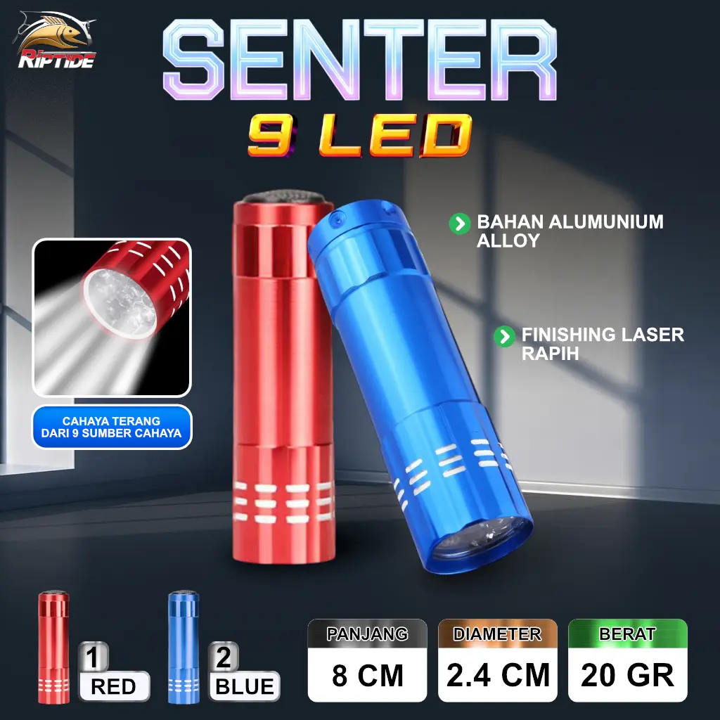 SENTER MINI 9 LED RIPTIDE ALUMINIUM ALLOY FLASHLIGHT MANCING OUTDOOR PORTABLE TERANG TAHAN LAMA SENTER MINI LED SENTER MANCING MALAM SENTER 9 LED FLASHLIGHT MINI ALUMINIUM SENTER OUTDOOR PORTABLE SENTER KECIL TERANG SENTER GENGGAM LED SENTER PANCING MALAM