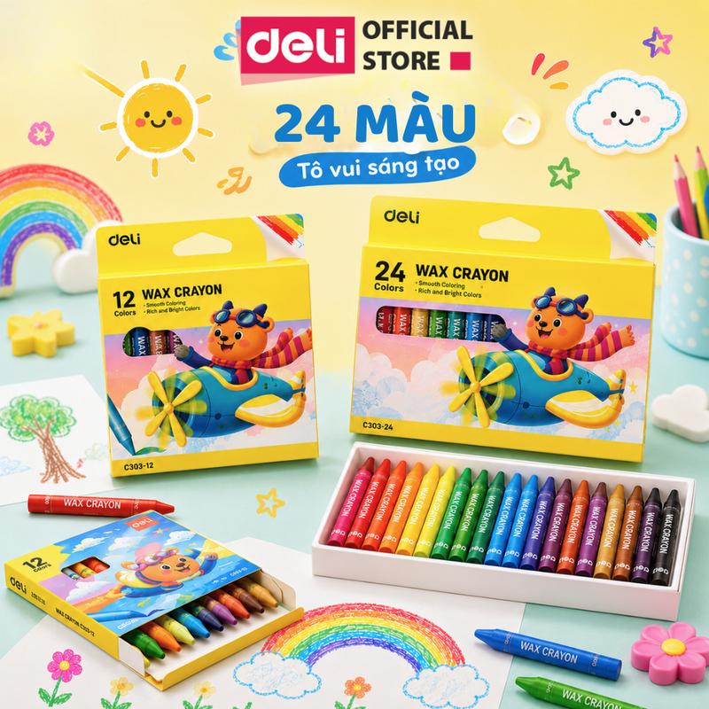 [CÓ GIÁ SỈ] Bút Sáp Màu Nến Cho Bé Deli - 12/24 Màu Tươi Đậm Ít Vụn An Toàn Với Trẻ Nhỏ Học Sinh Tô Màu Vẽ Tranh Mỹ Thuật - màu sắc tươi sáng
