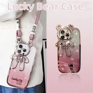 3D Lucky Bear Crossbody Lanyard Phone Case For iPhone 15 14 13 12 11 Pro Max X Xr Xs Max 7 8 14 15 Plus Premium Tali Strap Casing Soft Silikon Cover Shockproof With Camera Protection